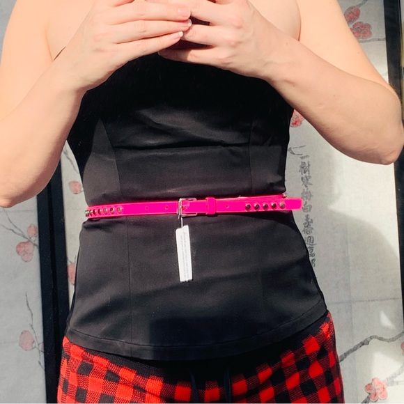 Free People Skinny Round Studs Satin Faux Leather Belts - Picture 2 of 12